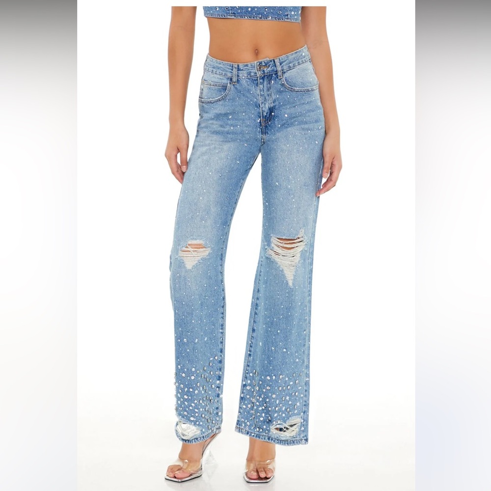 Forever 21 Rhinestone High Rise Distressed Flare Jeans - size 28